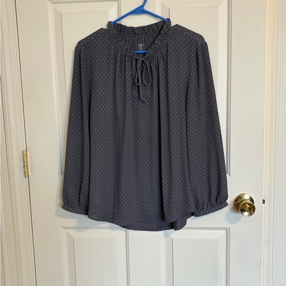 LOFT Gray Smocked Blouse with 3/4 Sleeves and Mandarin Collar